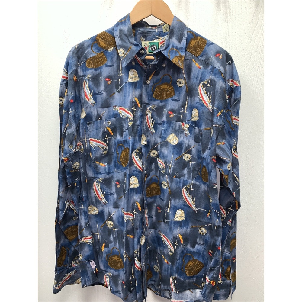 Vintage Johnny Cotton Mens Button Up Shirt L Long‎ Sleeves Fly Fishing Trout